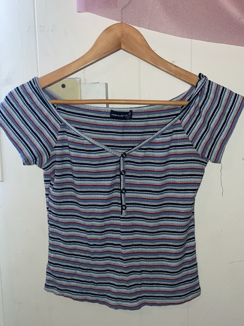 Striped Short-Sleeve Ribbed Henley Tee - Blue Multi